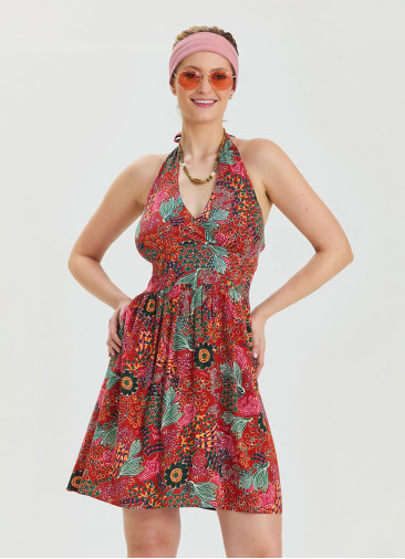 V Neck Halter Neck Red Floral Dress 4544